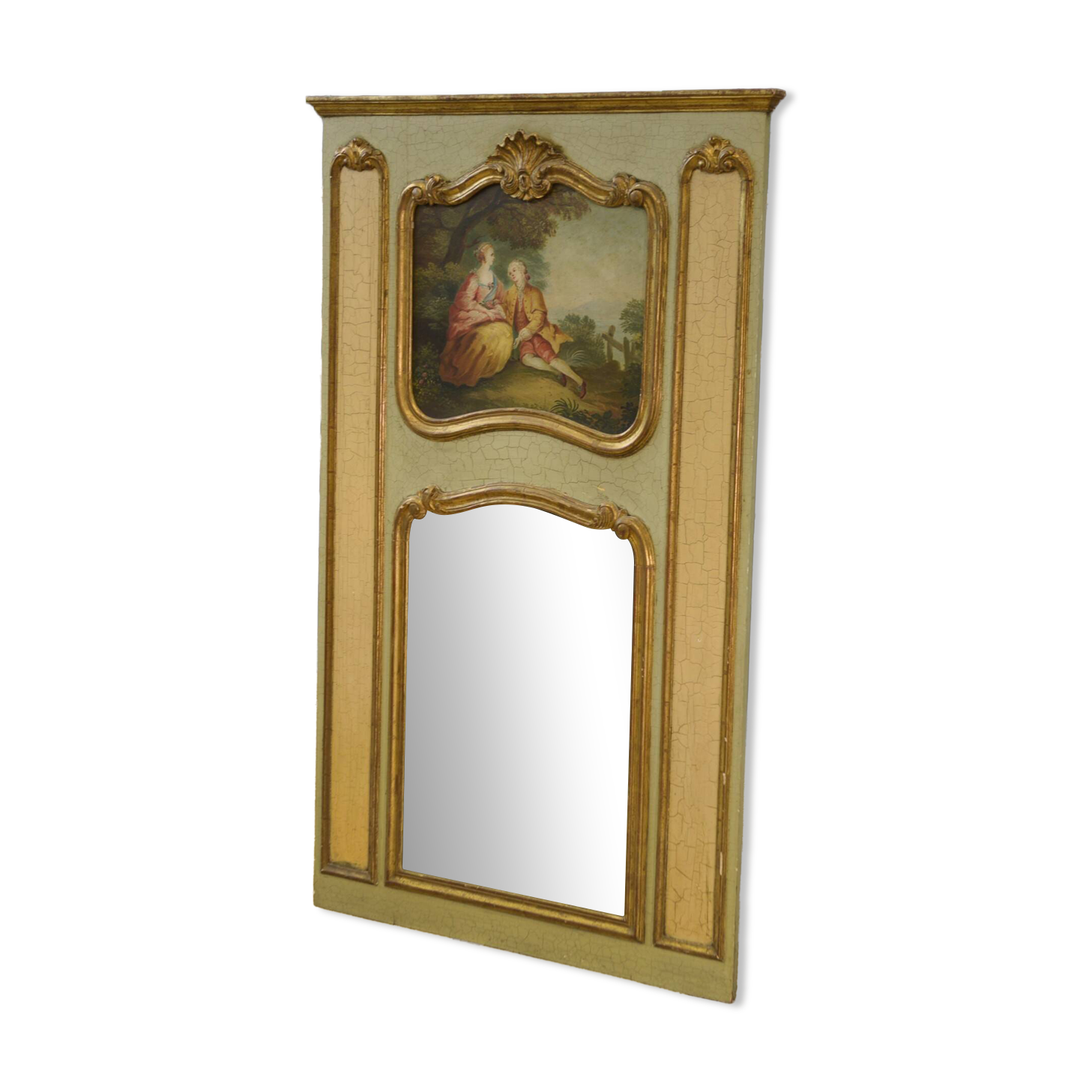 Trumeau mirror with cracked patina and oil on panel depicting a romantic scene from the 19th century.