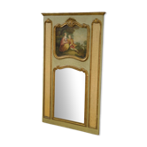 Trumeau mirror with cracked patina and oil on panel depicting a romantic scene from the 19th century.