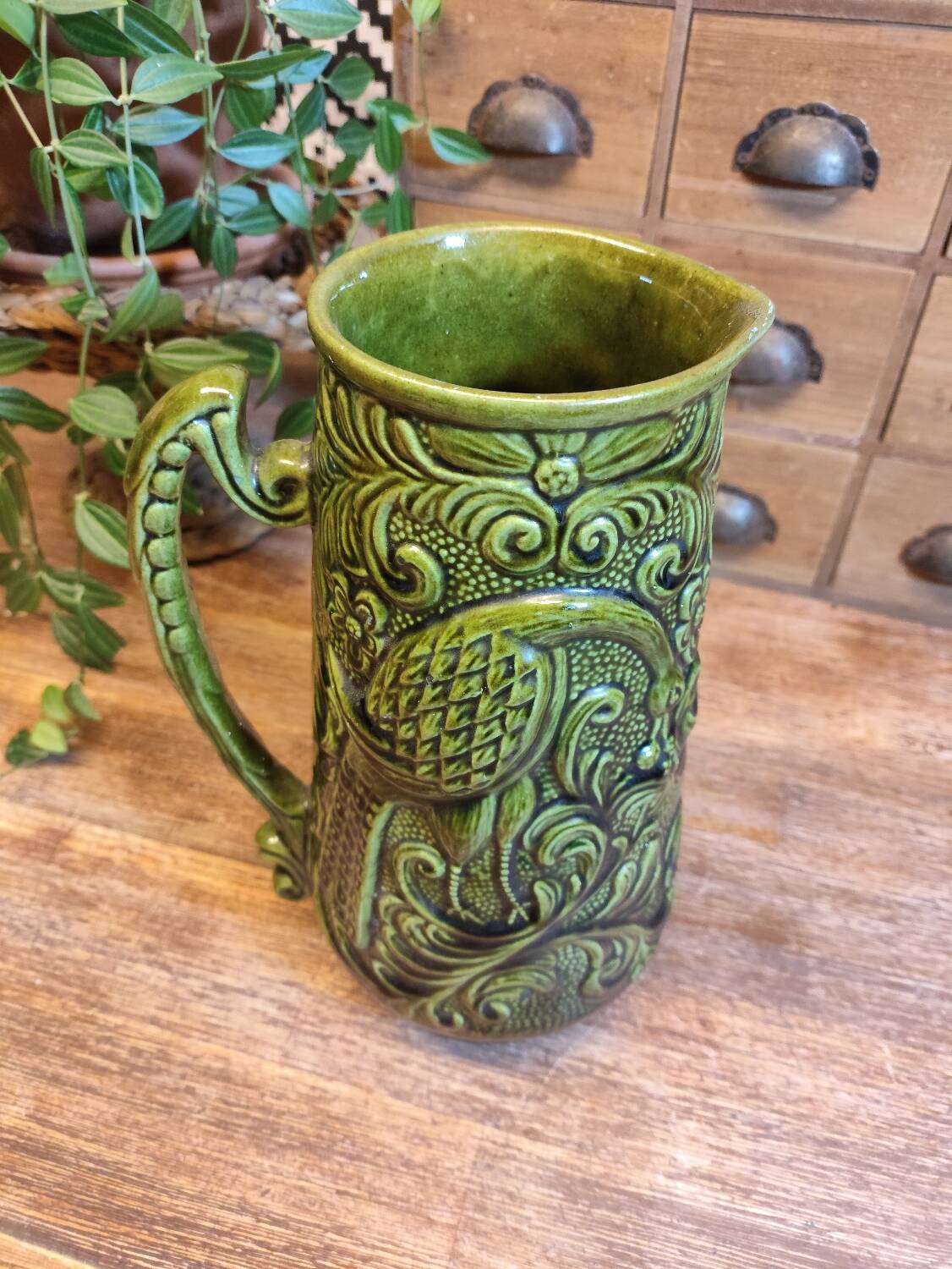 Green Barbotine Pitcher and Mug