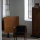Early 20th century Danish Art Nouveau armchair, reupholstered in charcoal boucle.