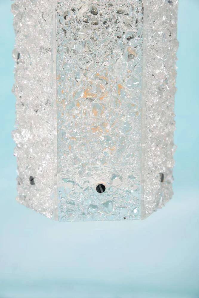 Vintage hexagonal glass and chrome pendant lamp from the 1960s.