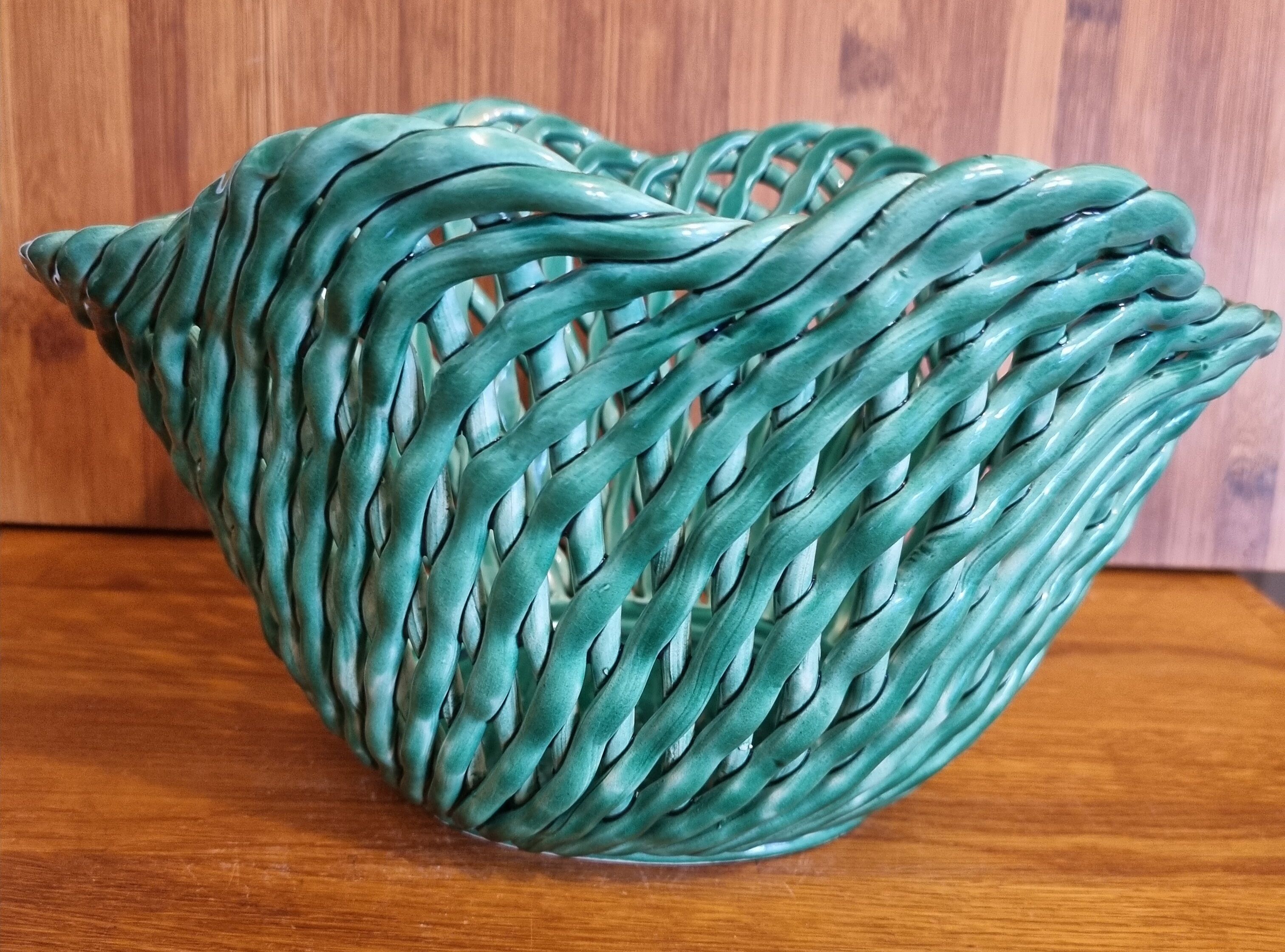 Vintage pot cover in woven slip green basket