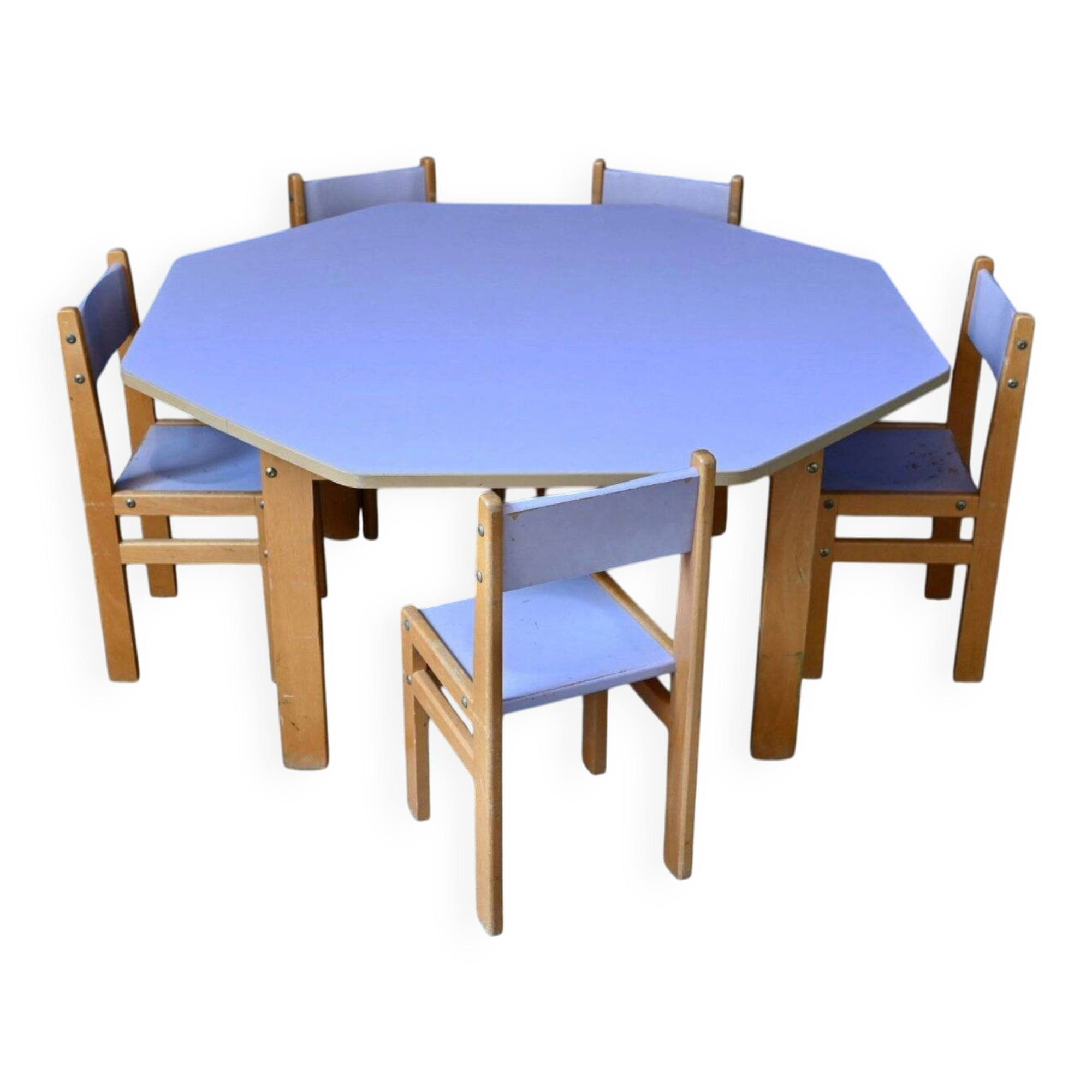 Vintage 1970s octagonal children's table in beech and lilac formica, with 5 chairs.