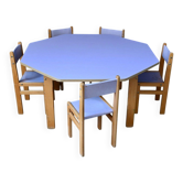 Vintage 1970s octagonal children's table in beech and lilac formica, with 5 chairs.