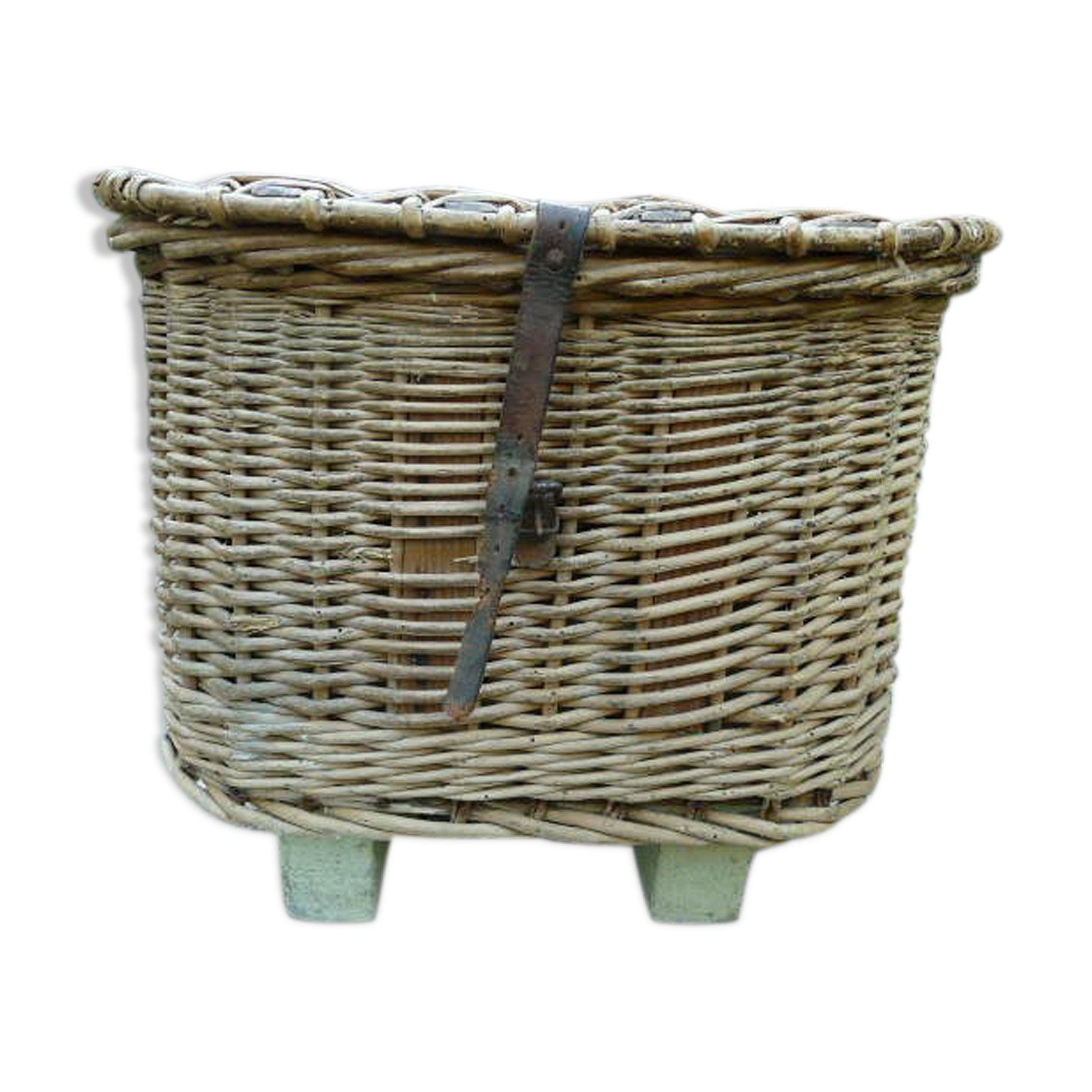 Old fishing basket rattan wood and leather