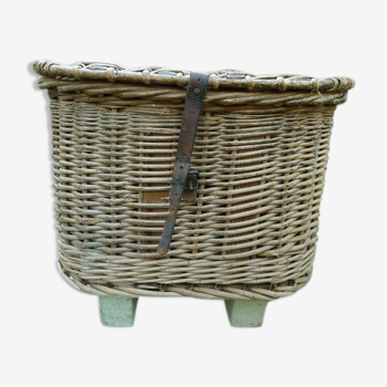 Old fishing basket rattan wood and leather