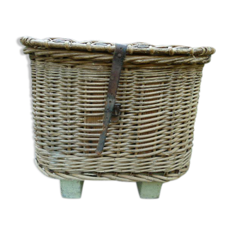 Old fishing basket rattan wood and leather