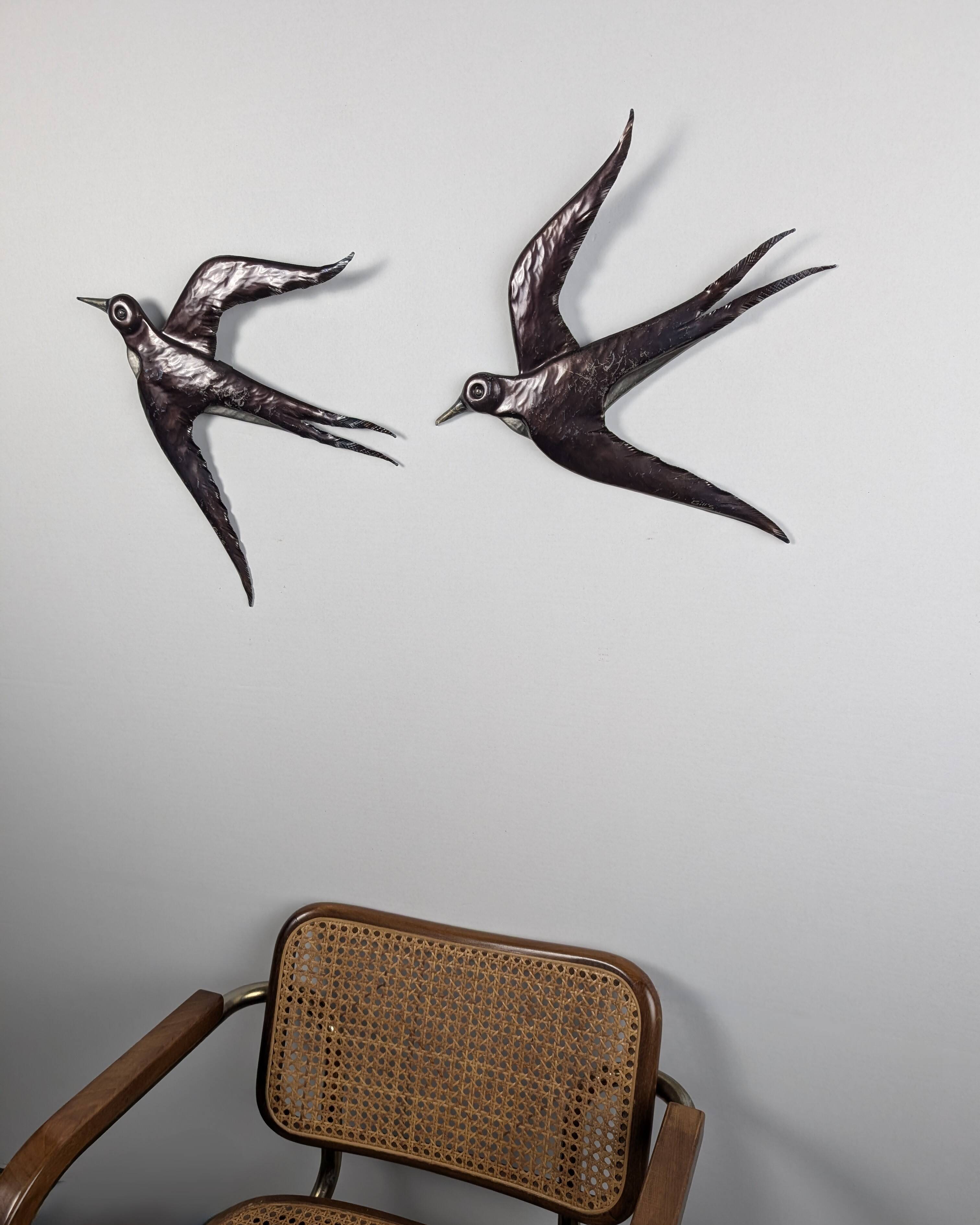 Pair of Metal Wall Sculptures Swallows, Signed, 1970s