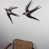 Pair of Metal Wall Sculptures Swallows, Signed, 1970s