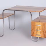 Restored bauhaus writing desk, by andré lurcat, walnut, new polish, czech, 1930s