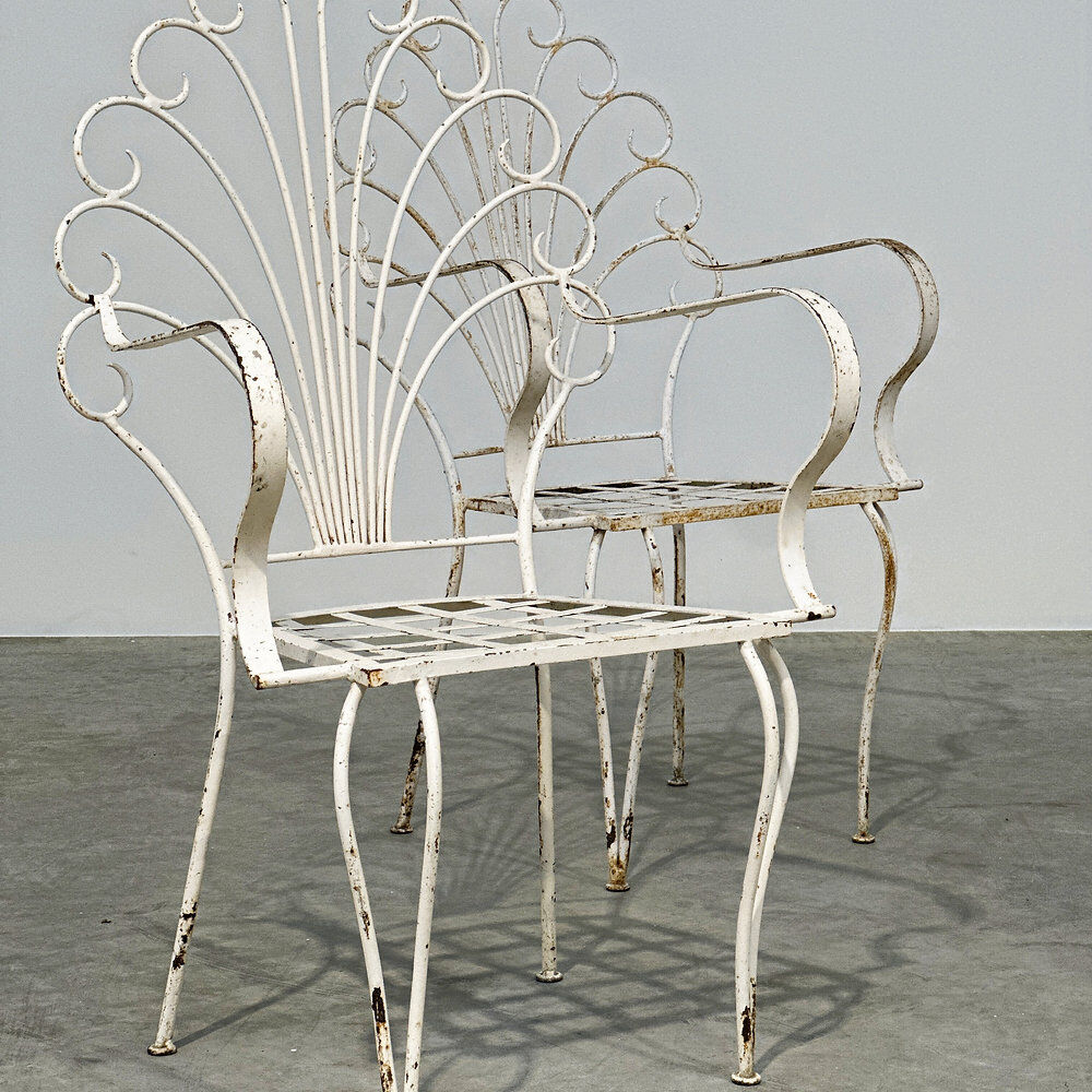 Rare exquisite set of six French peacock garden patio chairs, 1950s