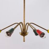 Multicolored vintage brass chandelier, 1950, 6 arms, 60cm in diameter