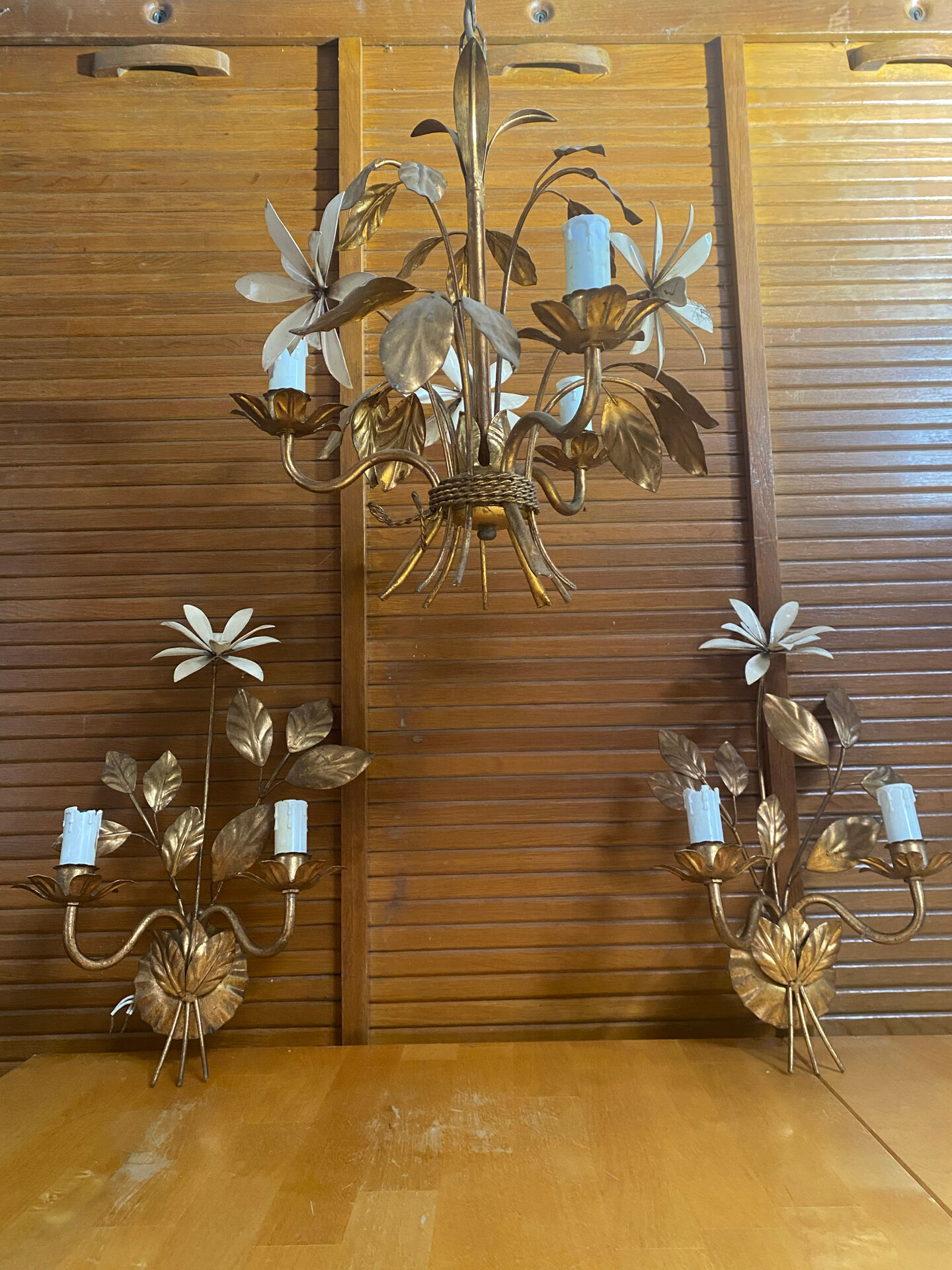 Vintage Lustre + 2 MASCA Wall Lights Hollywood Regency Gold Metal 70s It