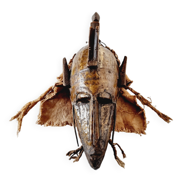 Masque africain du Mali de la tribu N'Tomo de Marka recouvert de laiton ciselé