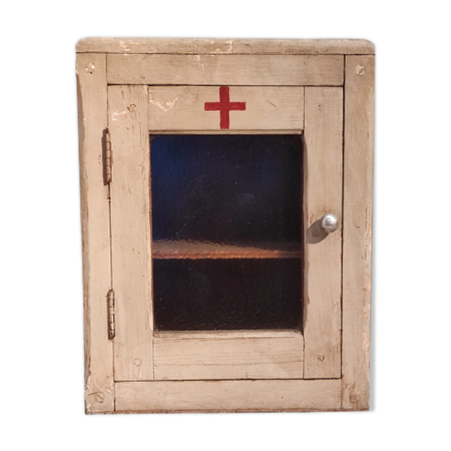 Medicine cabinet in vintage grey patinated wood and red cross