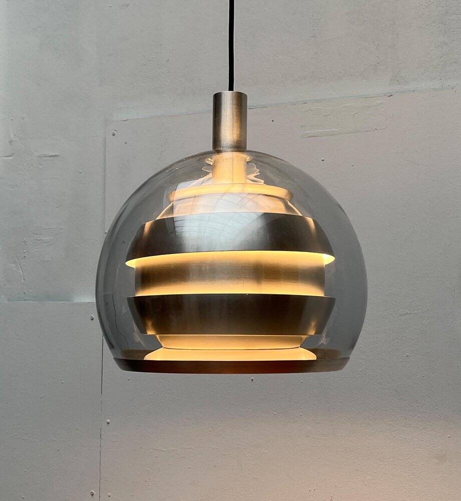 Suspended globe lamp in aluminium and glass in German Space style from the 1960s mid-century by Doria.