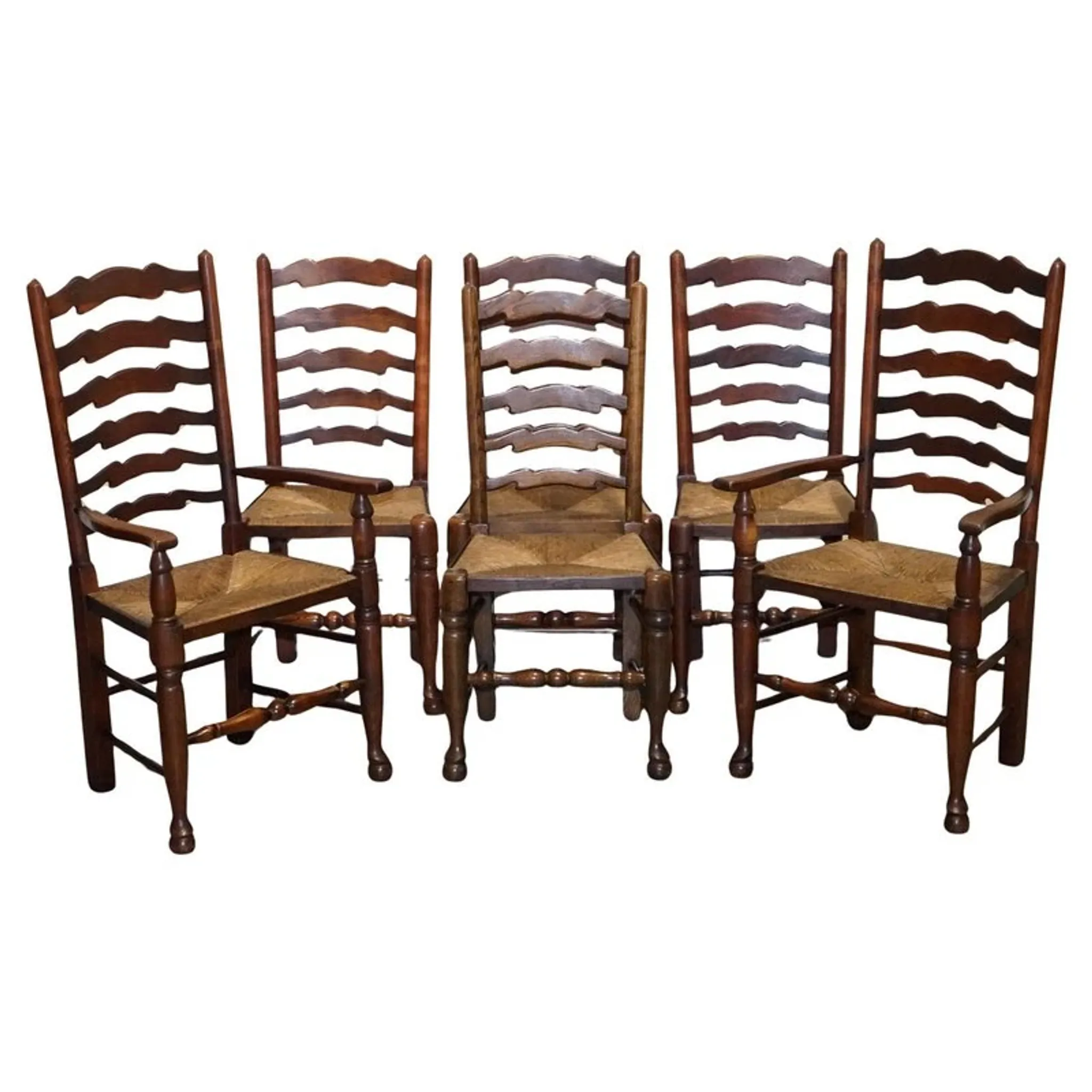 Antique Rush Seat Dining Chairs, England, 1910s, Set of 6