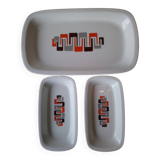 Set of a rectangular dish and 2 ramekins with geometric decor from the 1970s in Sologne porcelain