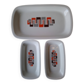 Set of a rectangular dish and 2 ramekins with geometric decor from the 1970s in Sologne porcelain