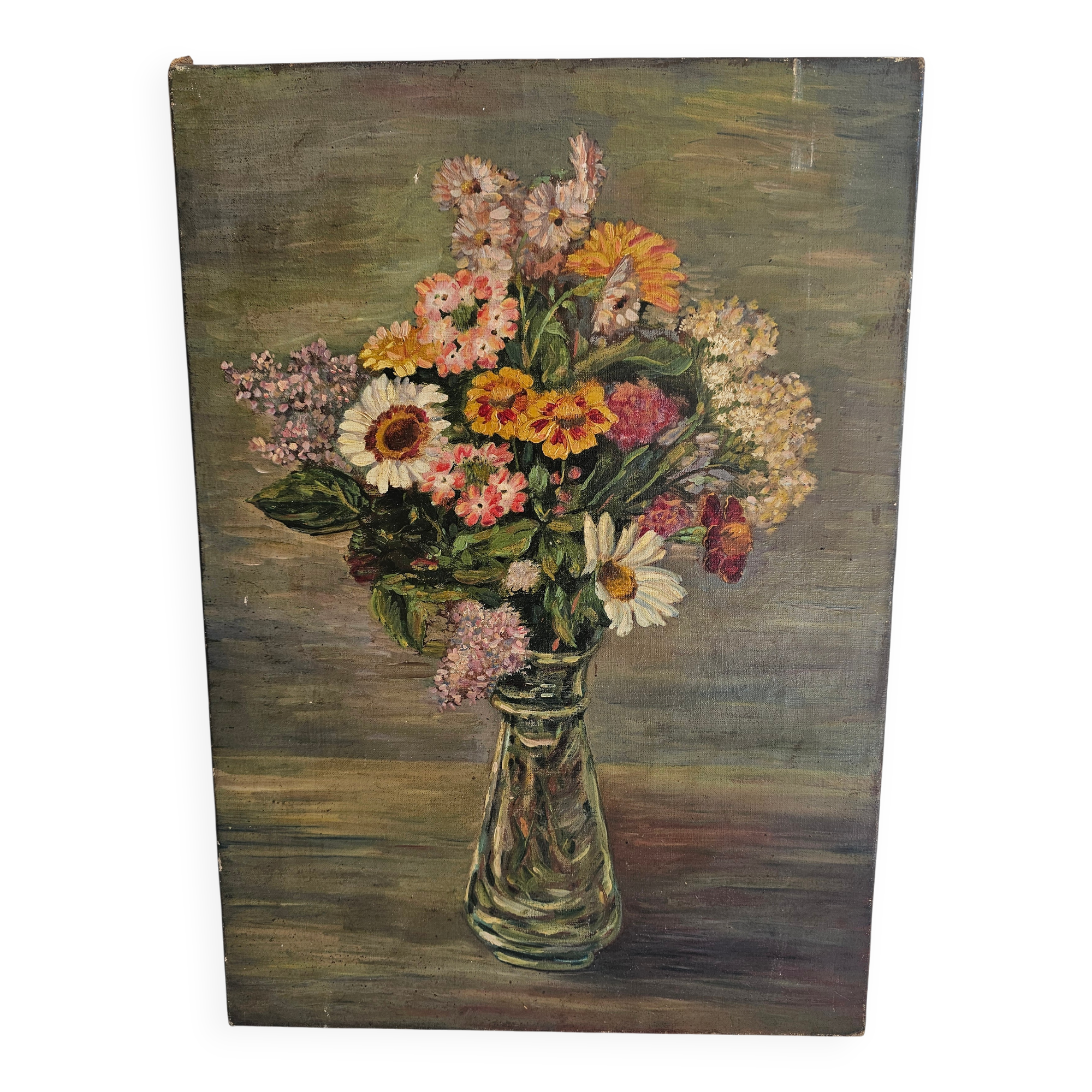 Old Oil on Canvas Painting - Still Life Spring Flower Bouquet