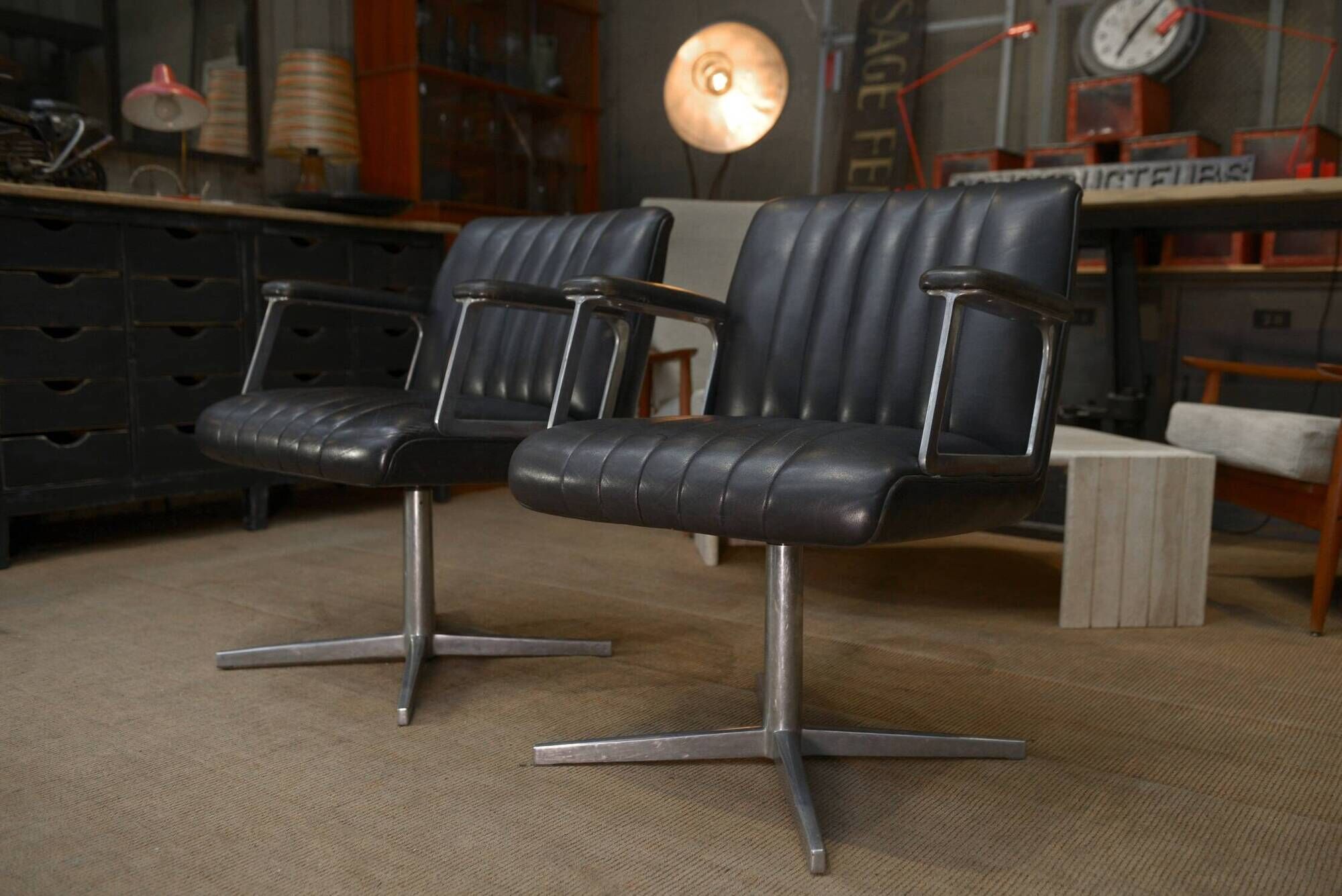 Set of 3 designer swivel metal leather office armchairs 1970