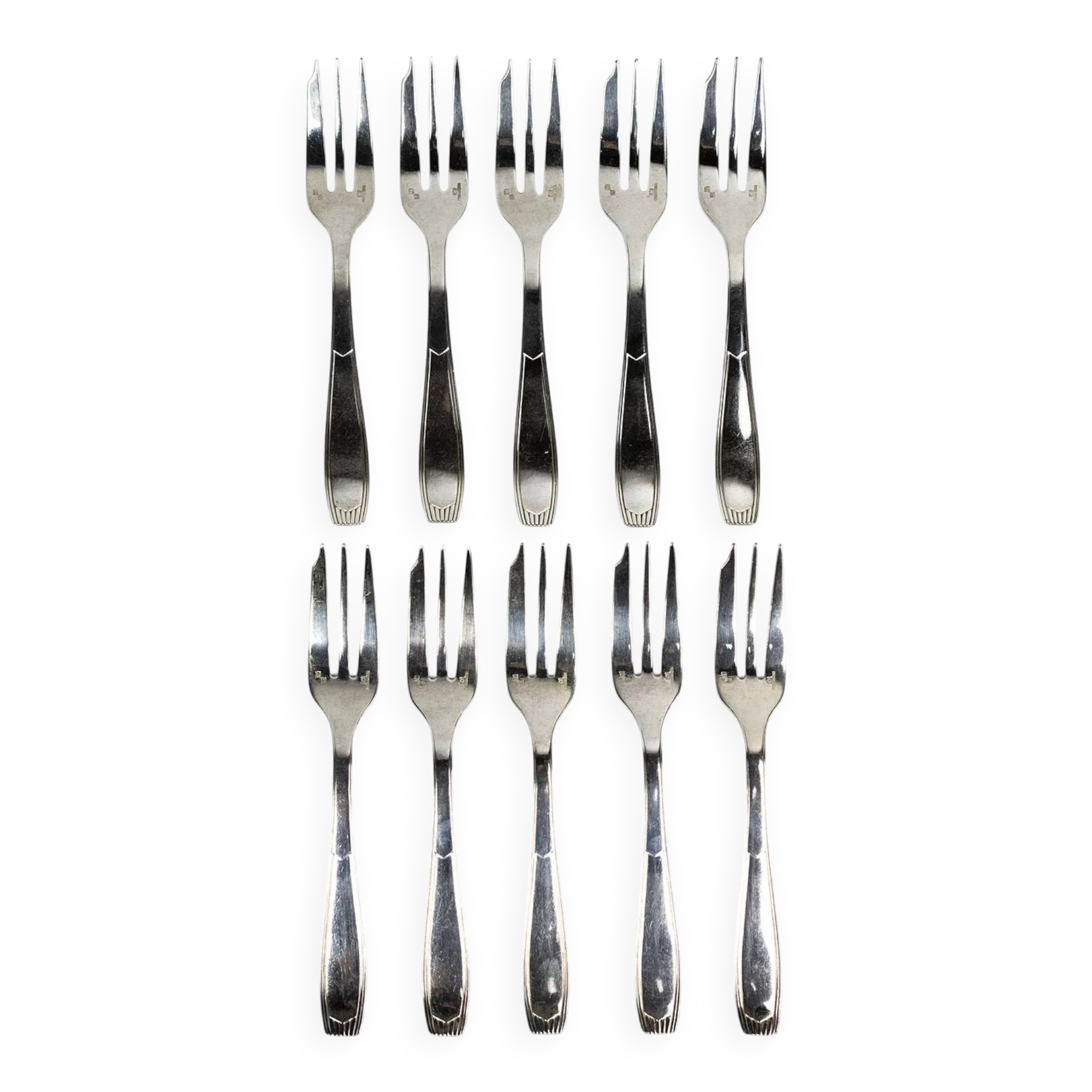 10 Christofle Alfénide Saigon model dessert forks in silver-plated metal.