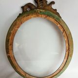 Cadre ovale ancien en bois et stucs + vitre ancienne verre soufflé - 27 x 21 cm