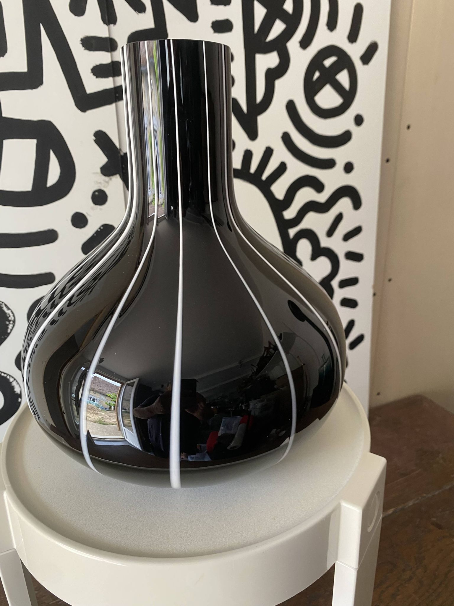 Black glass vase with white stripes, vintage 1950.