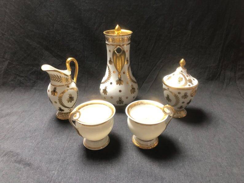 Vintage Limoges Porcelain Chocolate Set: Empire Style, Hand-Painted Bees