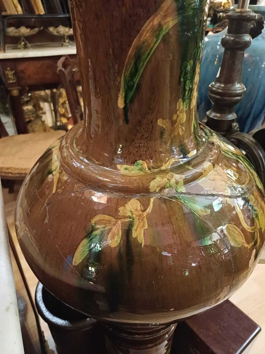 Large ceramic vase on a column, 1.49 meters tall, circa 1900, in its original condition.