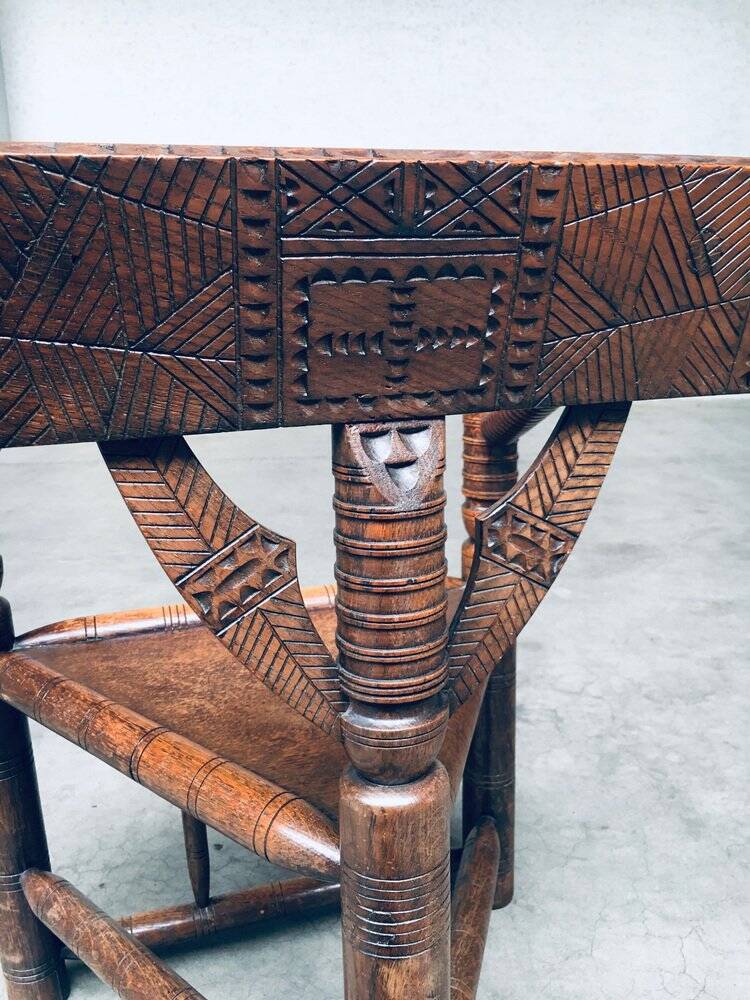 Brutalist Carved Oak Tripod Monk Chair, Sweden, 1930s