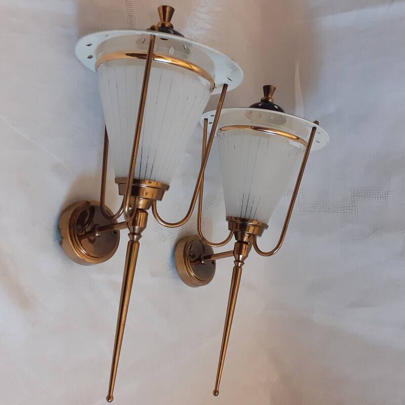 pair of wall-mounted torch lights corner 1950-1960 Arlus or Lunel glass metal