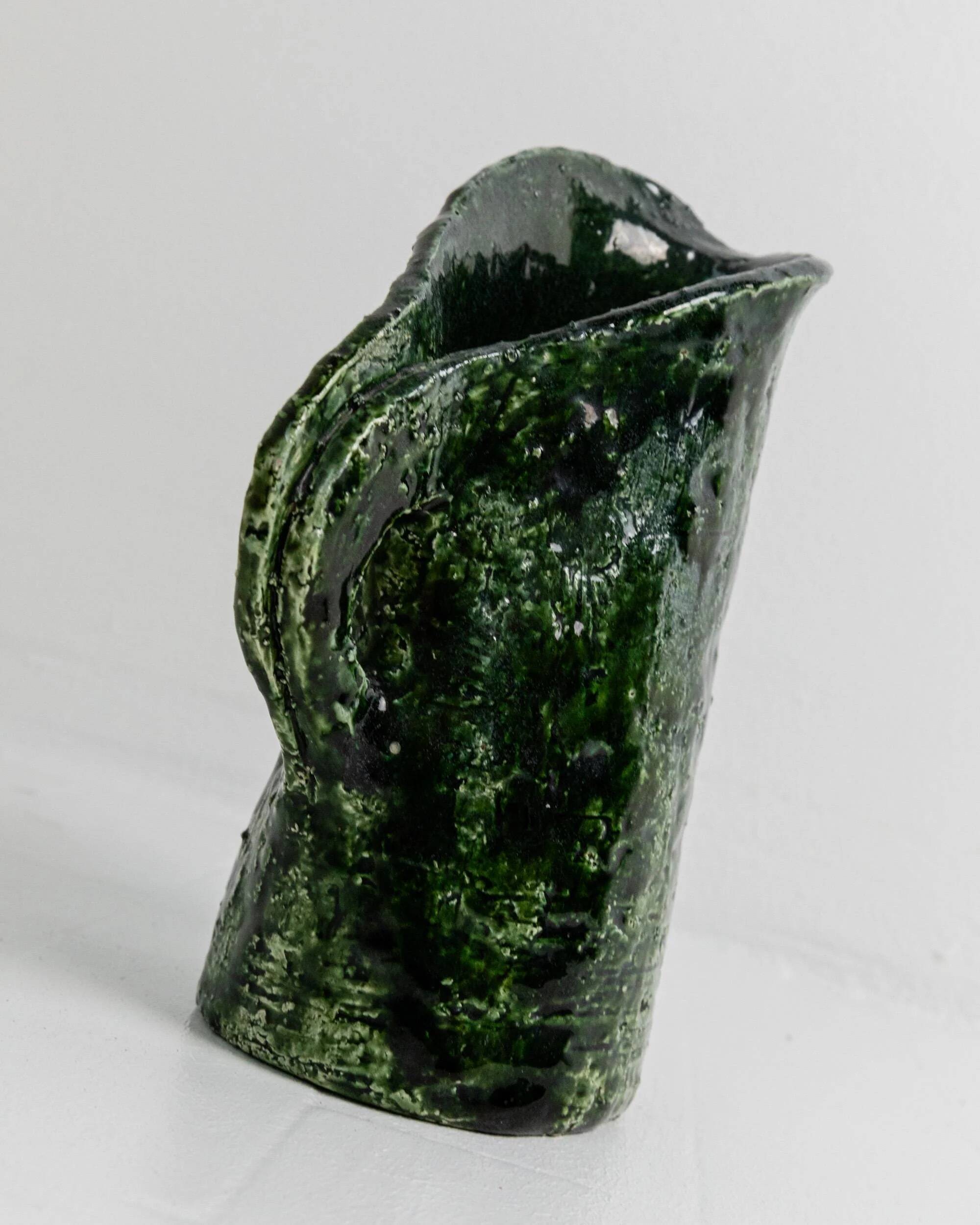 Vintage 1970s studio ceramic vase or pitcher, glazed green.