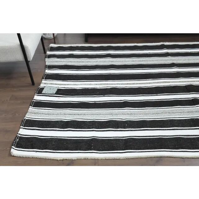 1970s Vintage Turkish Oushak Handmade  White Black Runner Rug  182x296