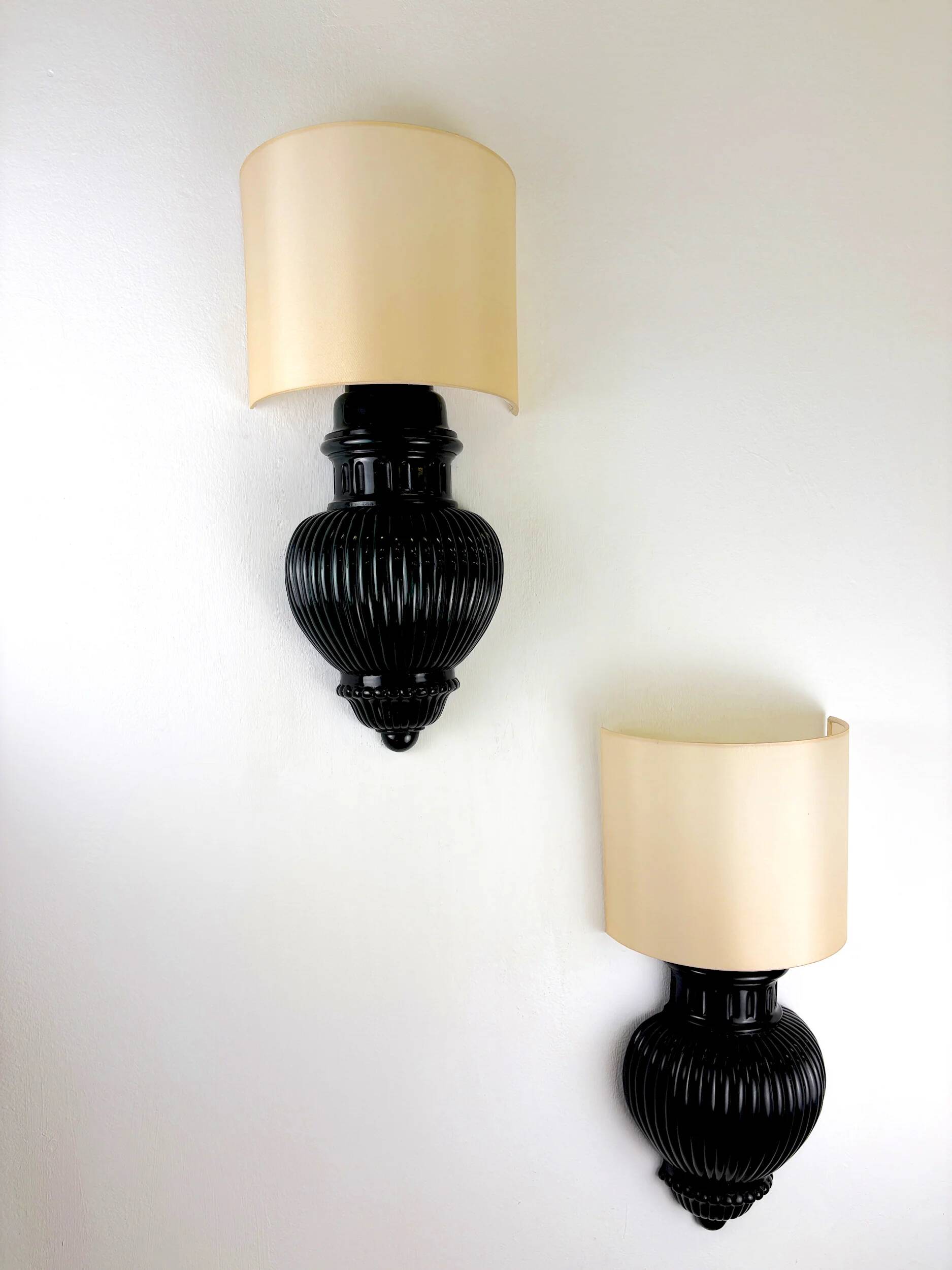 Pair of Art Deco wall lights with shades in glazed cast ceramic,Italy,1970s