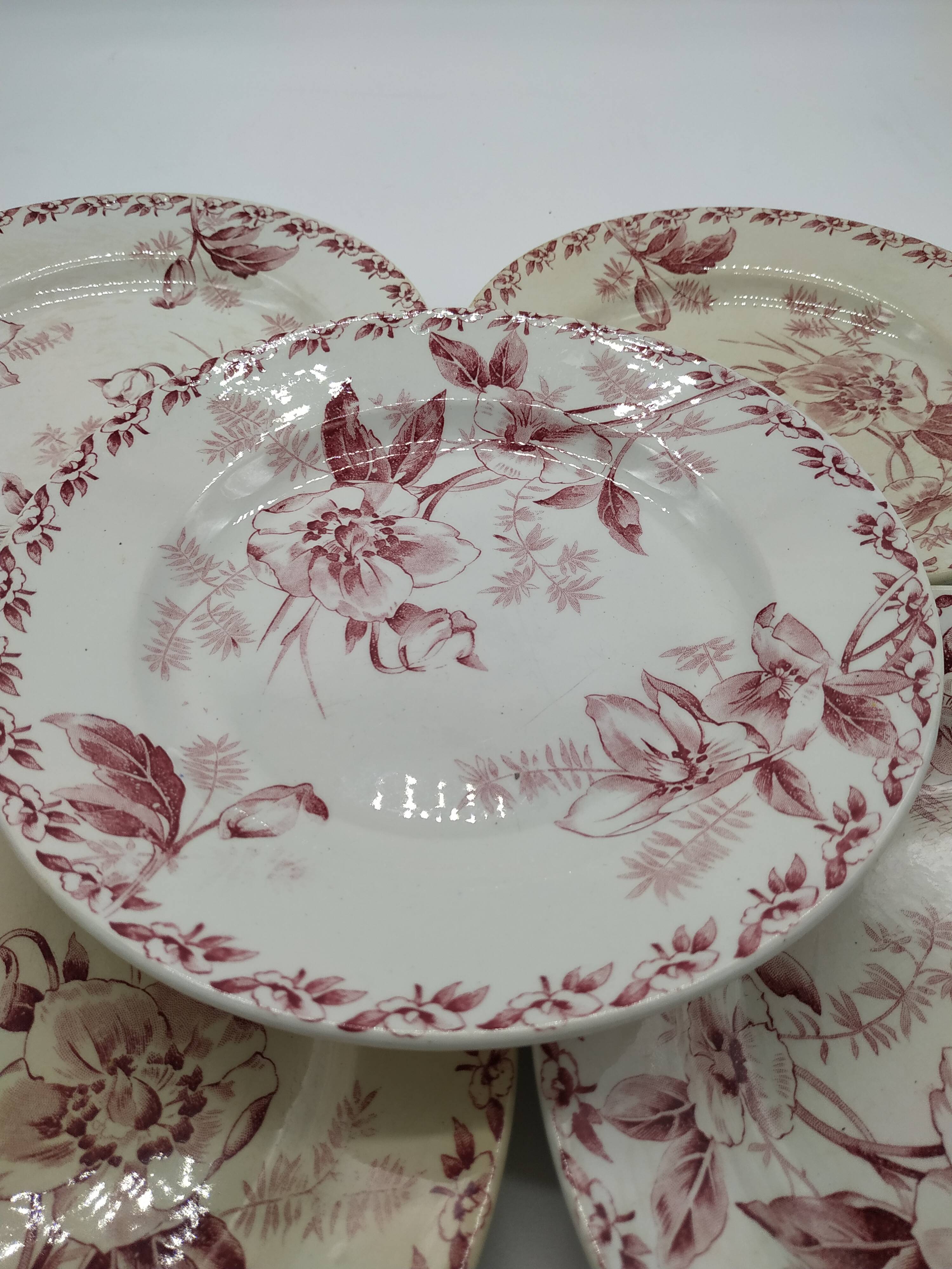 Set of 5 vintage flat plates decorated with pink flowers