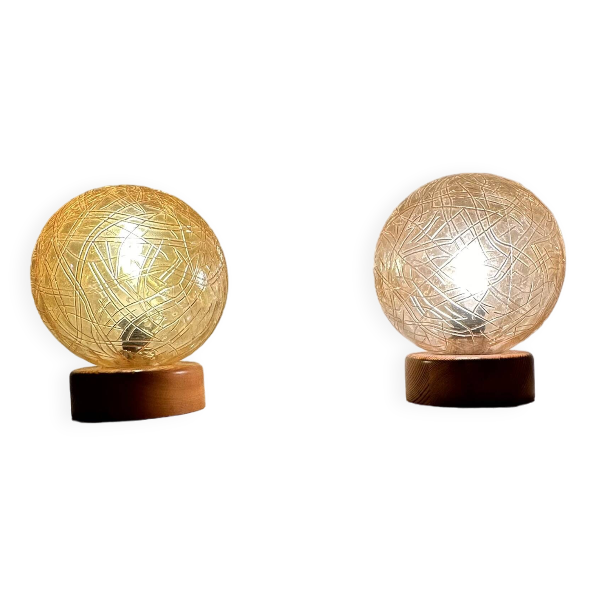 Ensemble de 2 lampes de table en verre et bois, années 1980