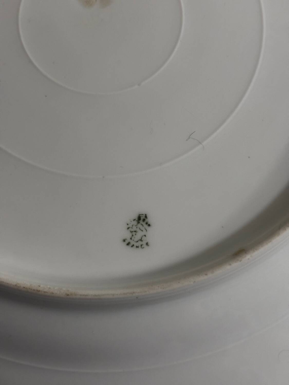 Vintage round green Limoges porcelain serving platter with gold trim