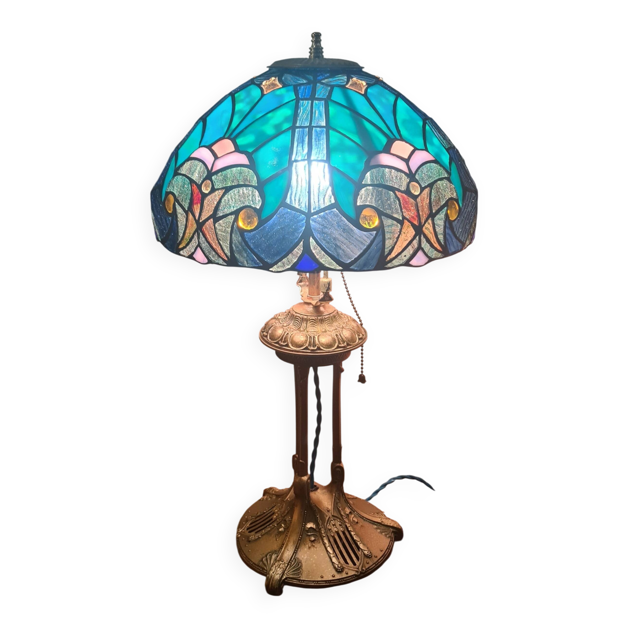 Antique lamp, patinated bronze, art nouveau, stained glass lampshade