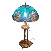 Lampe ancienne regule patiné bronze art nouveau  abat jour verre vitrail