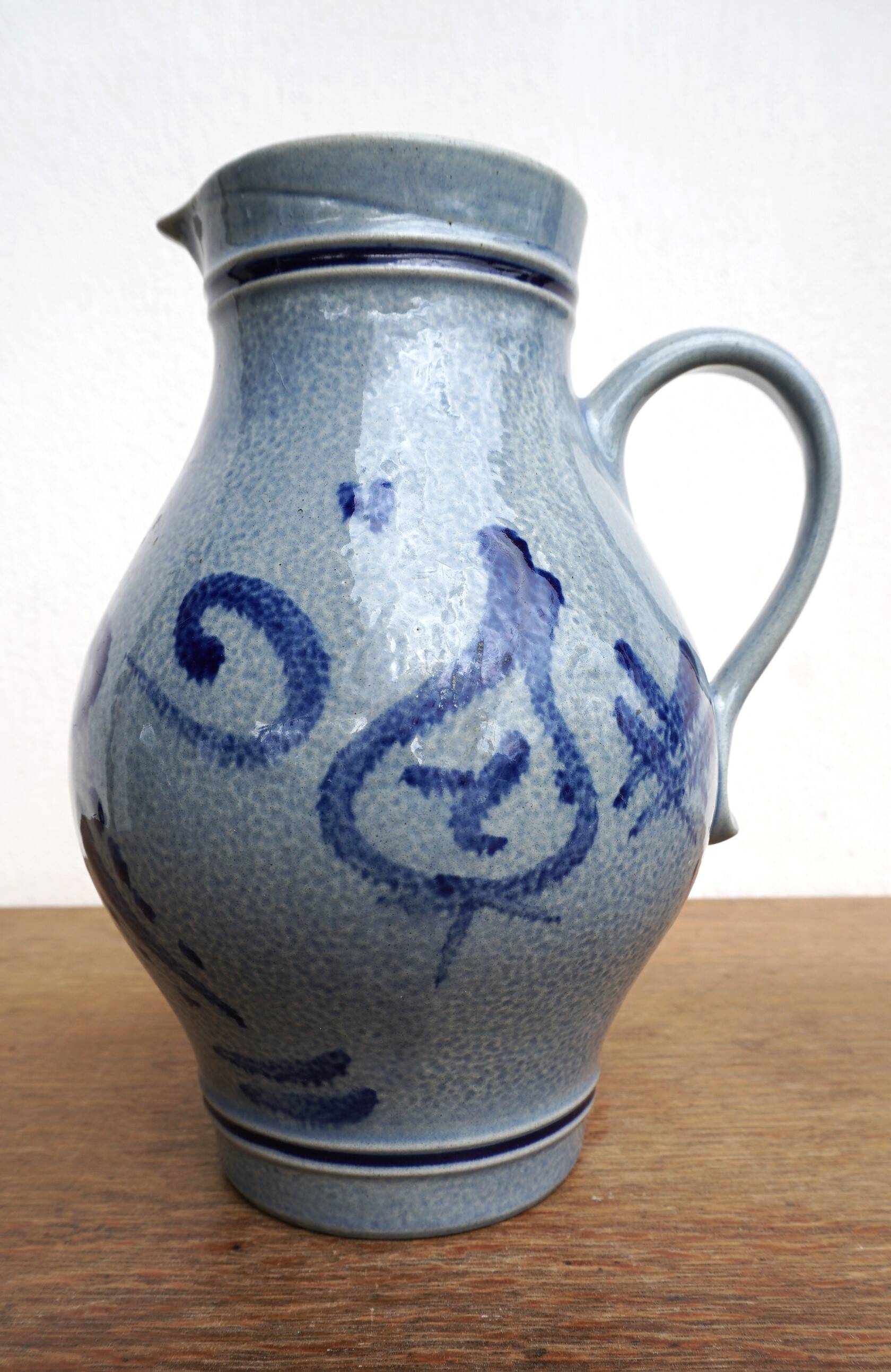 Pitcher and 6 glasses in vintage blue stoneware Marzi & Rémy German pottery