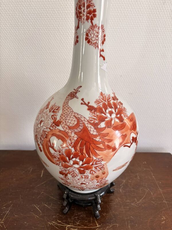 Lampe Vase Porcelaine Imari Japon Japonais Rouge Fer Meiji Phénix Pivoine