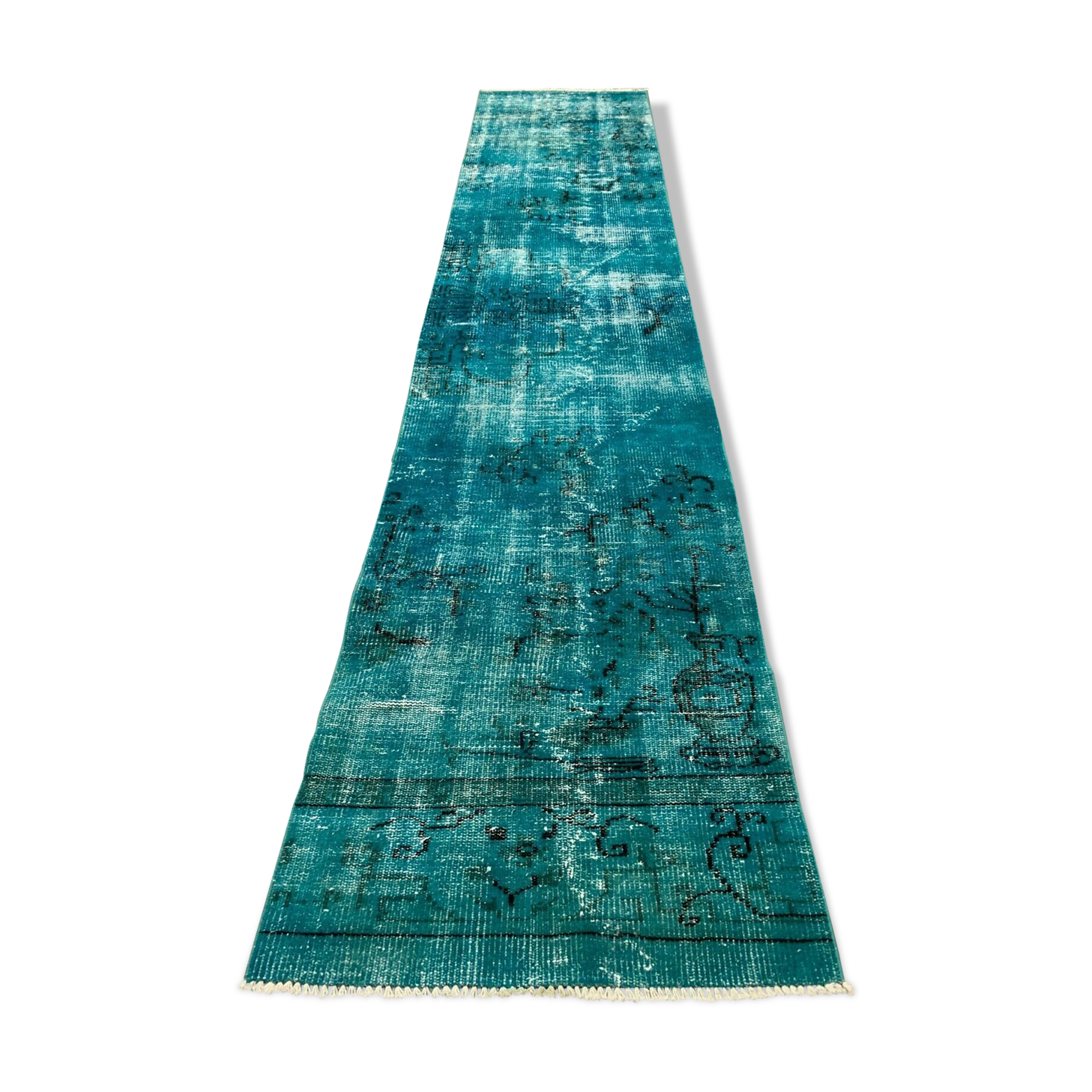 Distressed Turkish Runner 303x69 cm wool Vintage rug, Overdyed Blue