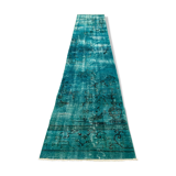 Distressed Turkish Runner 303x69 cm wool Vintage rug, Overdyed Blue