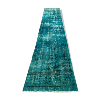 Distressed Turkish Runner 303x69 cm wool Vintage rug, Overdyed Blue