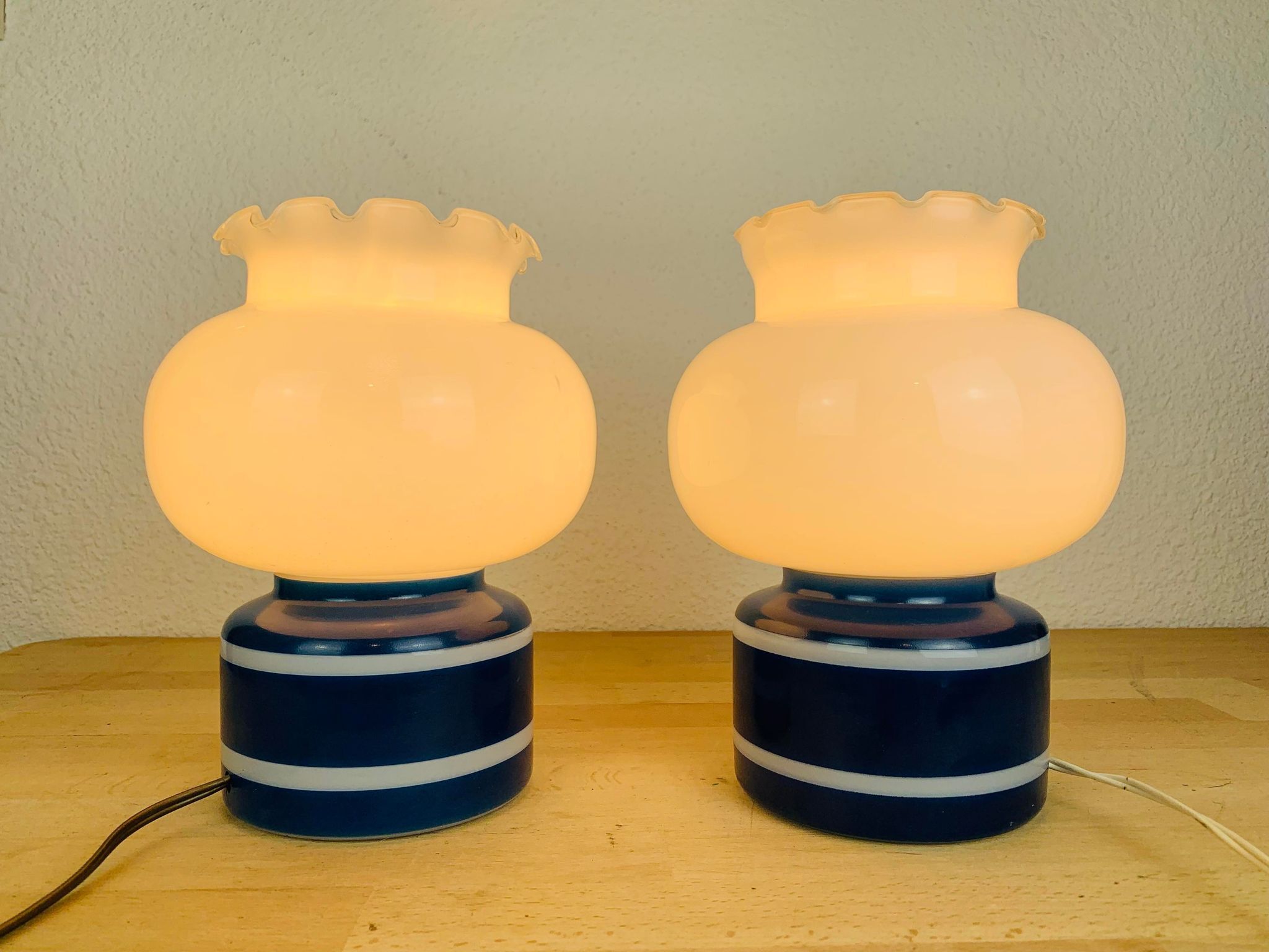 Pair of space age 70 opaline lamps and blue glass