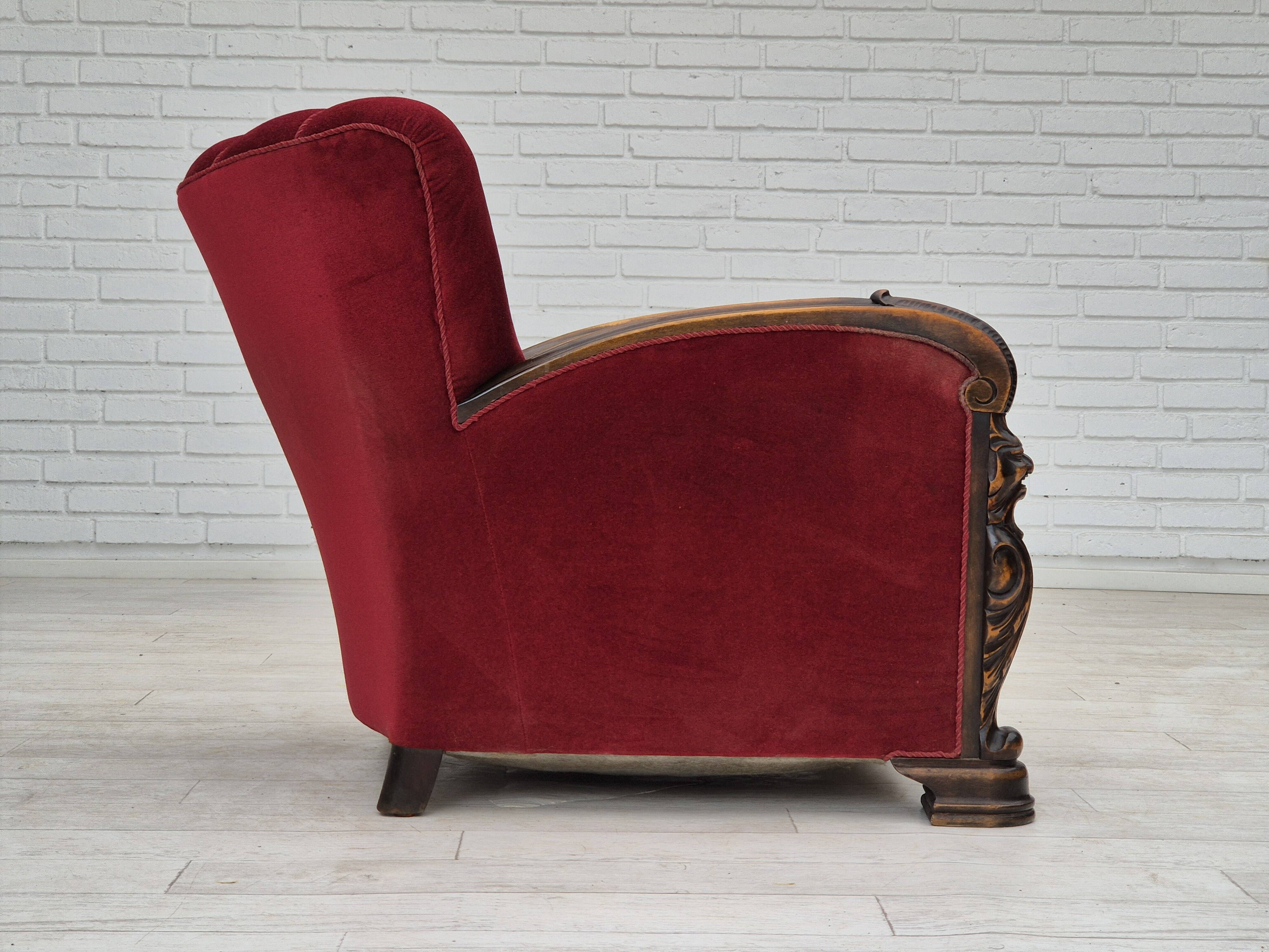 1950s, Danish armchair with footstool, furniture velour, ash wood.