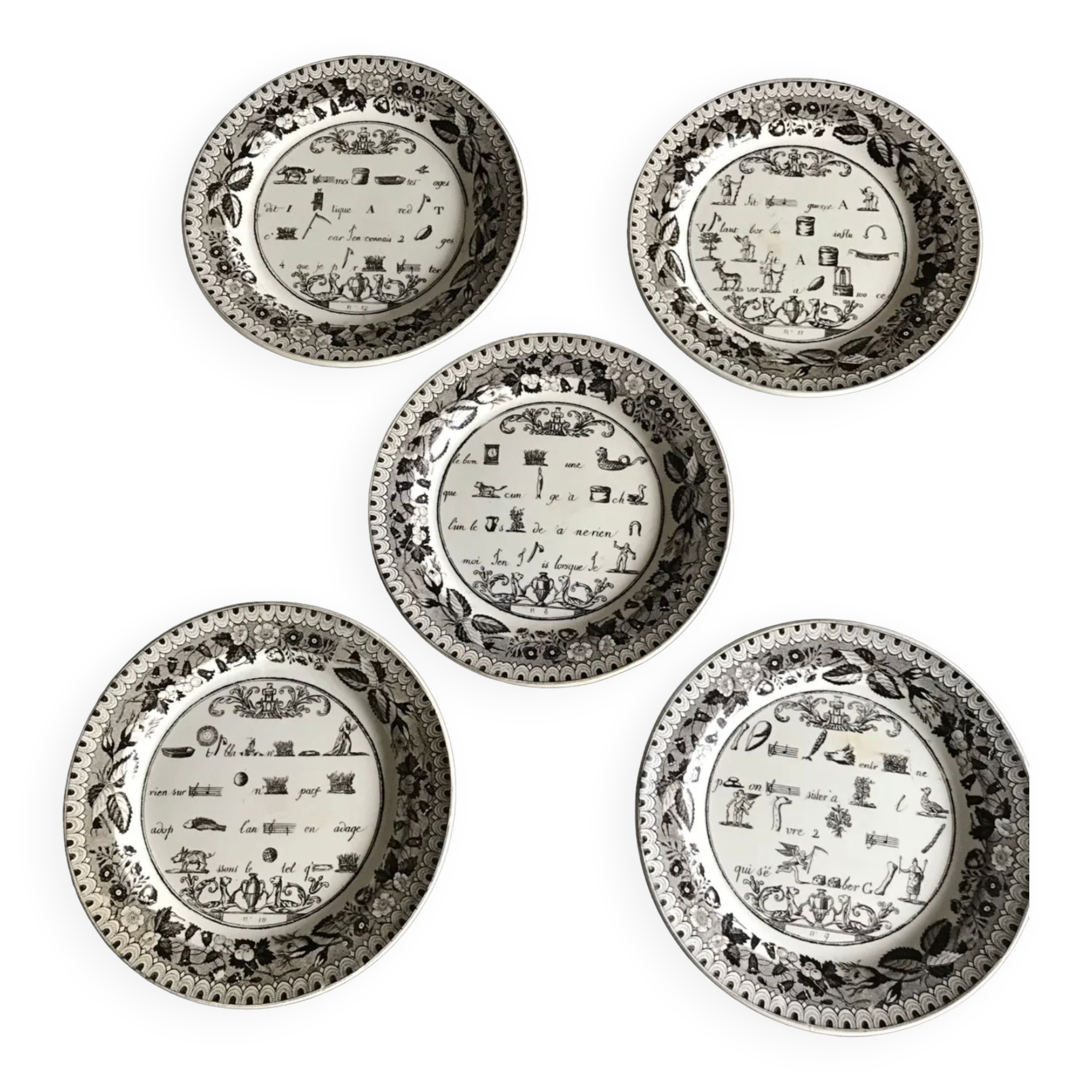 Lot of 5 plates in earthenware of choisy-le-roi, p&h, decoration of rébus, xixth