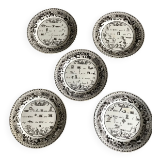 Lot of 5 plates in earthenware of choisy-le-roi, p&h, decoration of rébus, xixth