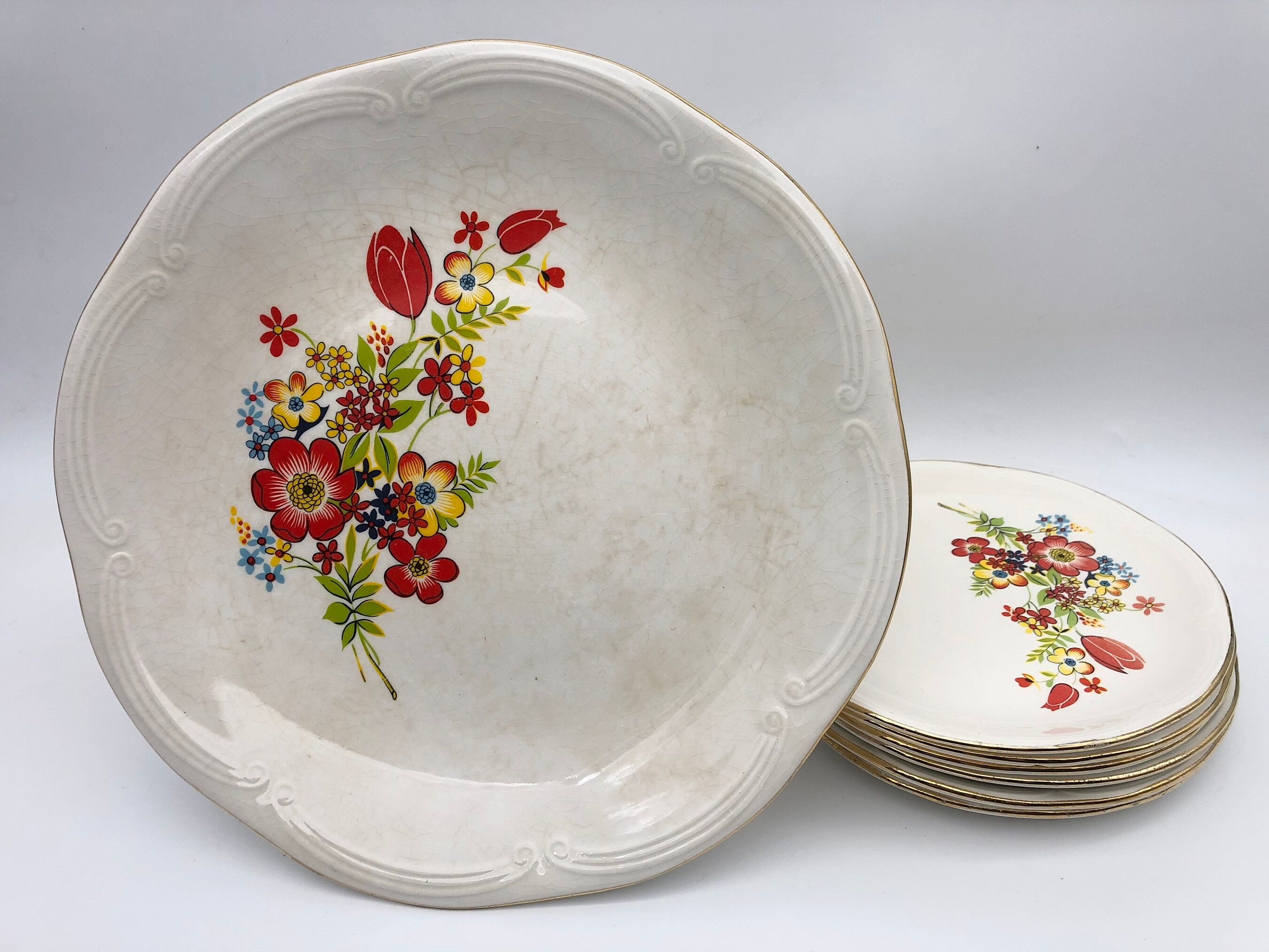 Gien - Riviera model, 6 dessert plates with serving dish.